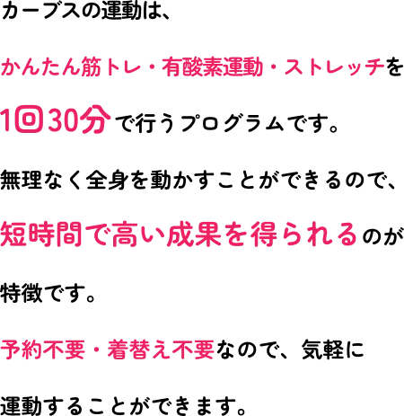 カーブスの運動は、かんたん筋トレ・有酸素運動・ストレッチを1回30分で行うプログラムです。無理なく全身を動かすことができるので、短時間で高い成果を得られるのが特徴です。予約不要・着替え不要なので、気軽に運動することができます。